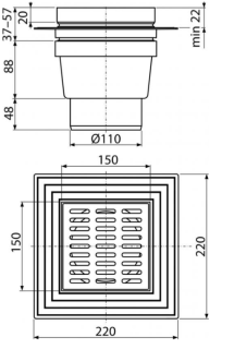 Сливной трап AlcaPlast 150 ? 150/110мм воротник – 2-х уровневая изоляция решетка - хром APV13